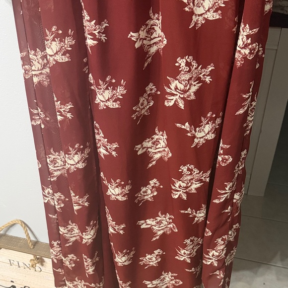 living doll Burgundy and Cream Floral Long Sleeve Tie-Neck Dress - Picture 2 of 6